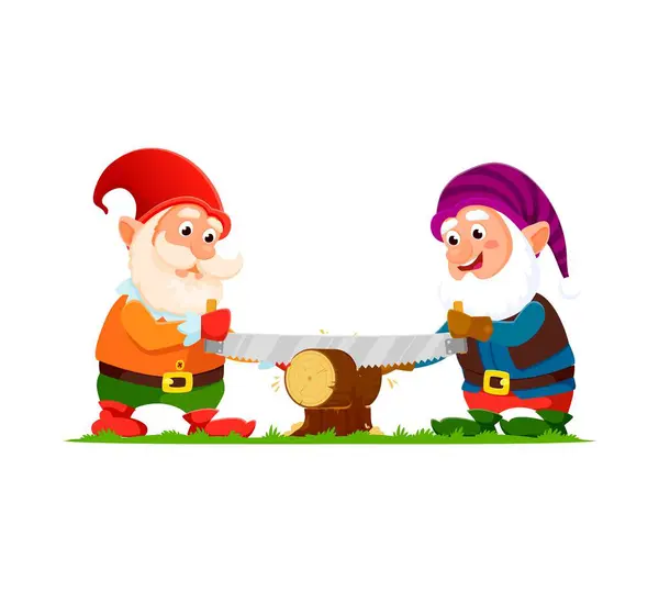 Cartoon Gnome Dwarf Characters Happily Saw Log Enthusiastic Expressions Mirroring — Stock Vector