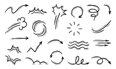 Hareket ve hareket çizgileri, oklar, eğri dalgalar ve bum puf, vektör simgeleri. Çizgi film FX efekti ve soyut doğrusal patlama bulutu sembolleri, kıvrımlı spiral ve zigzag ok işaretçisi güneş ve daireler