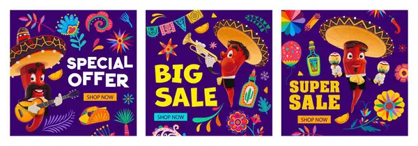 Mexican Holiday Big Sale Special Offer Banners Chili Pepper Mariachi — Stock Vector