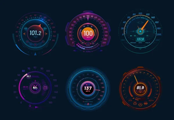 Car Speedometers Neon Dial Traffic Speed Gauge Dashboard Vector Futuristic — Stock Vector