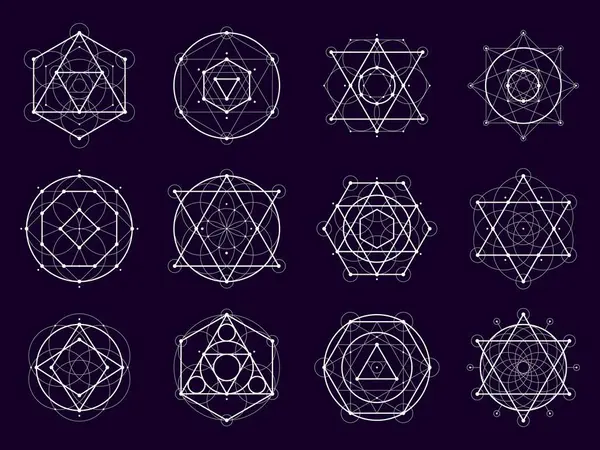 Kutsal geometrik şekiller. Gizem, sihir ve esrarengiz semboller vektör ince çizgi üçgenleri, daireler, kareler ve altıgenlerden oluşur. Kutsal geometri seti, simya pentagramı, mandala