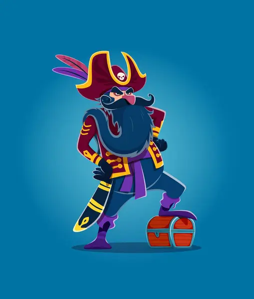 Cartoon Pirate Long Bearded Captain Corsair Sailor Character Treasure Chest — Stock Vector