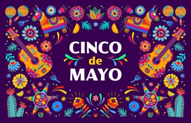 Cinco de mayonez pankartı. Karikatür vektör kartı ve bayram kutlaması için Meksika şenlikli eşyalar. Gitar, marakas, pinata ve limon dilimi, kaktüs çiçekleri ve geleneksel alebrije tarzında çiçek dekoru.