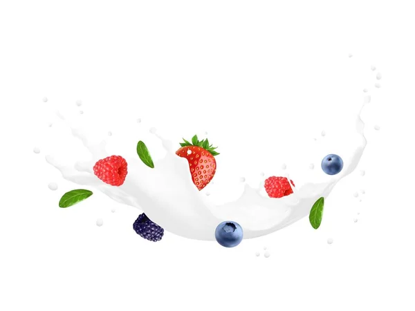 Yogurt Drink Milk Wave Splash Cream Swirl Berries Mint Leaves — Stock Vector