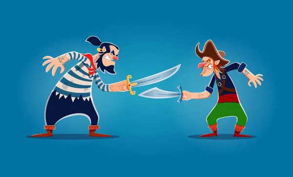 Two Cartoon Pirates Corsair Sailor Characters Fighting Sabers Swords Vector — Stock Vector