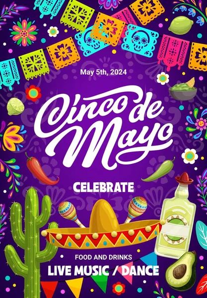 Cinco de mayonez tatil broşürü ya da Meksika fiesta kutlaması afişi, vektör geçmişi. Meksika 5 Mayıs bayram festivali ya da sombrero, tekila, avokado ve papel picado bayraklı parti afişi
