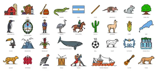Argentina Color Line Icons Argentine Travel Symbols Ranch Wine Mate — Stock Vector