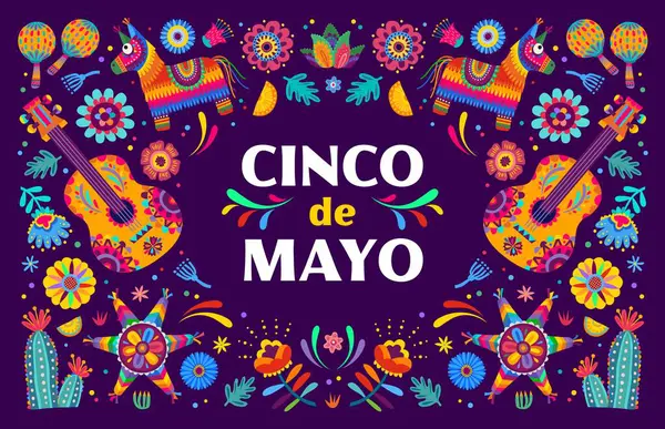 Cinco de mayonez pankartı. Karikatür vektör kartı ve bayram kutlaması için Meksika şenlikli eşyalar. Gitar, marakas, pinata ve limon dilimi, kaktüs çiçekleri ve geleneksel alebrije tarzında çiçek dekoru.