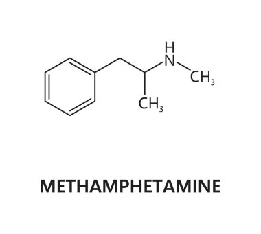 Metamfetamin ilaç molekülü ve kimyasal formül, vektör yapısı modeli. Metamfetamin veya metamfetamin narkotik madde, merkezi sinir sisteminin sentetik veya organik uyuşturucu uyarıcısı, moleküler formül