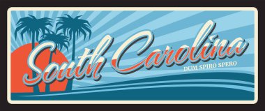 Güney Carolina 'da palmiye ağaçları ve klasik bir seyahat plakası var. ABD seyahat hatırası Kolombiya başkenti Charleston 'dan. Amerika bölgesi retro işareti, güneşli palmiyeli eski plaket, tipografi vektörü