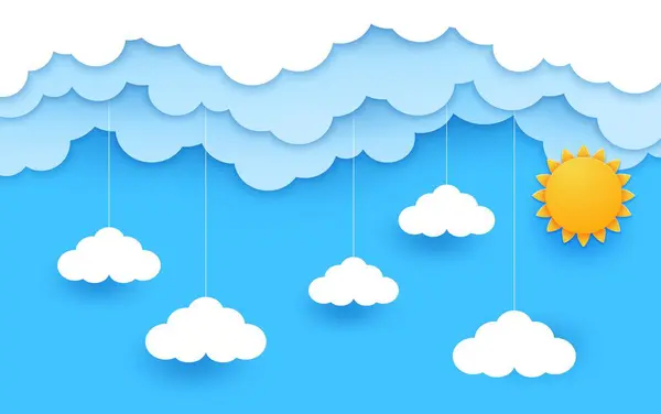 Sky clouds and sun on paper cut landscape background, cartoon vector. Morning or sunny day sky with paper cut clouds hanging on threads and sun for kids or nursery landscape design