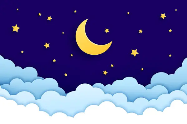 Paper Cut Crescent Moon Night Sky Stars Clouds Vector Background — Stock Vector