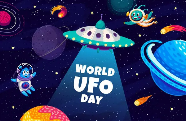 World Ufo Day Banner Funny Cute Aliens Ufo Saucer Universe — Stock Vector