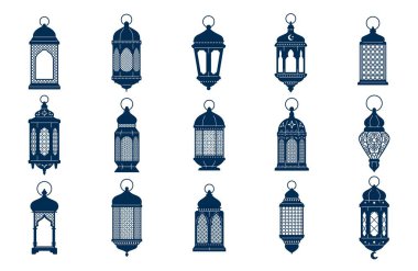 Arap İslam feneri ya da lamba siluetleri, ramazan ya da bayram aydınlatma öğeleri. İzole edilmiş vektör ışık, neşe ve kutlamaların sembollerini süslüyor. Dekoratif evler ve sokak lambaları.