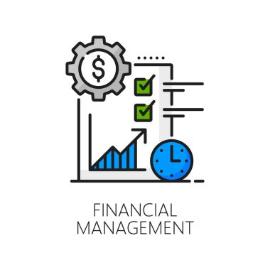 Renk yönetimi, analiz, muhasebe, vergi geliri ve bütçe çizgisi simgesi, dolar işareti, saat, büyüme tablosu, dişli, mali rapor, zenginlik yönetimi ve mali planlamayı gösteren