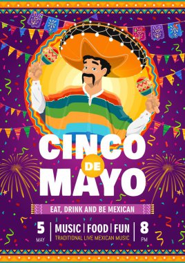 Cinco De Mayo Meksika tatil broşüründe marakas giyen erkek karakter, vektör geçmişi var. Meksika bayram kutlaması ya da Cinco De Mayo fiesta poster picado bayrakları ve konfeti