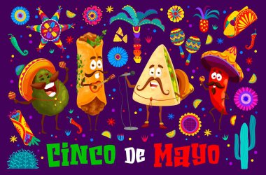Cinco de Mayo Meksika bayram afişi, Tex Meksikalıların çizgi film karakterleri. Meksika fiesta partisinde sombrero, gitar ve marakas eşliğinde mutlu dürüm, avokado, chili ve quesadilla vektör kişilikleri.