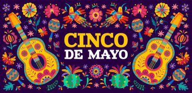 Cinco de Mayo Meksika bayram afişi tropikal çiçekler, sinekkuşları, gitarlar, marakalar ve kaktüsler, vektör arkaplan. Cinco de Mayo fiesta, tropikal bitkilerin Meksika etnik süs deseni.