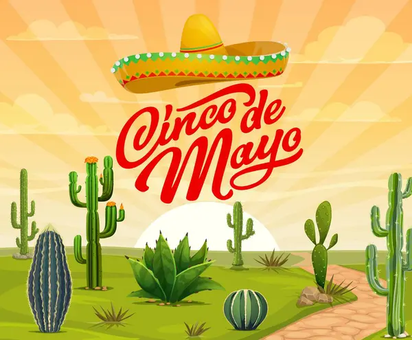 Cinco Mayo Banner Mit Mexikanischer Wüste Kakteen Und Sombrero Für — Stockvektor