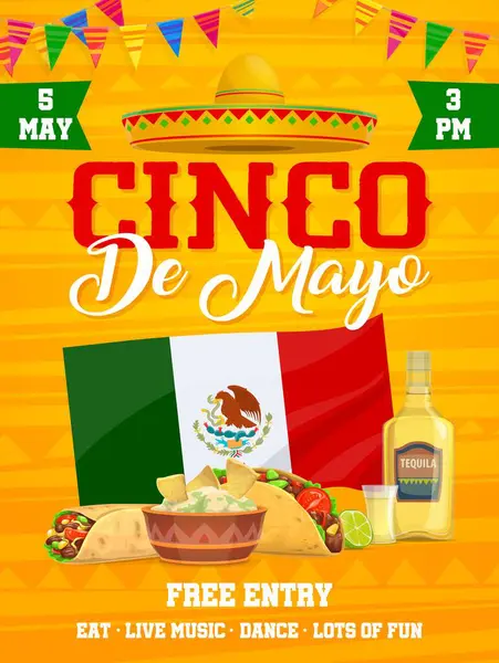 Cinco Mayo Mexican Holiday Party Flyer National Flag Garland Sombrero — Stock Vector