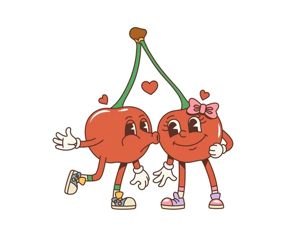 卡通片复古情人节华丽的樱桃双胞胎亲吻人物 分开的可爱的向量一对浆果分享爱情 喜剧怀旧人士问候并庆祝情人节快乐 — 图库矢量图片