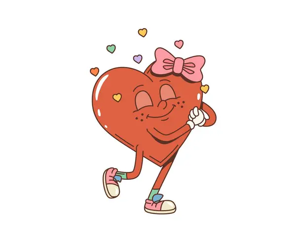 Dibujos Animados Retro San Valentín Chica Groovy Corazón Personaje Con — Archivo Imágenes Vectoriales