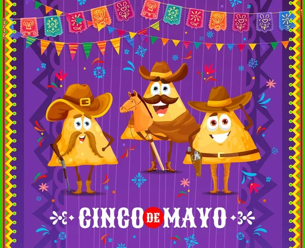Cinco Mayo Banner Cartoon Mexican Nachos Chips Cowboy Characters Vector — Stock Vector