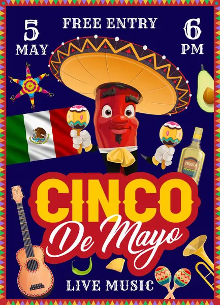 Cinco De Mayo Meksika tatil partisi broşürü. Sombrero 'da kırmızı biberli, vektör posterli. Meksika bayrağı, tekila ve avokado Cinco De Mayo bayramı ve müzik festivali için canlı müzik festivalinde