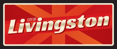 Livingston City, İngiltere İskoçya kasabası. Vector seyahat plakası ya da çıkartma, antika teneke tabela, eski tatil kartpostalı ya da seyahat tabelası, bagaj etiketi. Batı Lothian 'da Baile Dhunleibhe, bayrak ile kart
