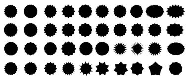 Yıldız patlaması satış etiketleri, çıkartmalar, etiketler. Damga ve etiket, çağrı ve sıçrama, yıldız ve rosette, oval ve günışığı rozetleri. İzole edilmiş vektör siyah güneş patlaması sembolleri, çizgi roman patlaması ve patlama patlamaları