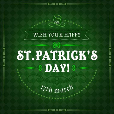 İrlanda Aziz Patrick Günü 'nde yeşil desenli bayrak, vektör bayrağı. Leprikon şapkası ve şans getiren mutlu Aziz Patrick günü posteri İrlanda bayramı festivali için kurdele çerçevesi