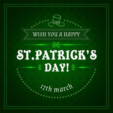 Aziz Patrick Günü İrlanda bayramı bayrağı yonca desenli, vektör posterli. Mutlu Aziz Patrick günleri. Yeşil İrlanda arka planında leprikon şapkalı ve şanslı yoncalar desenli selamlar.