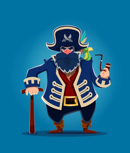 Stock vector Cartoon old pirate captain. Corsair sailor character with smoking pipe and parrot. Funny pirate captain vector personage with blue beard. Sea robber or buccaneer sailor in corsair jacket, tricorn hat