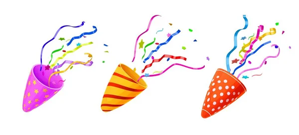 Firecracker Holiday Birthday Party Popper Striped Cone Confetti Stars Isolated — Stock Vector