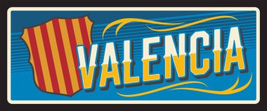 İspanya Valensiya metal plaka vektör teneke işareti. İspanyol ve Katalonya şehri metal plakayı, bayrak amblemi ve simgesi olan klasik tabelayı hoş karşıladı. Valencia şehir amblemi