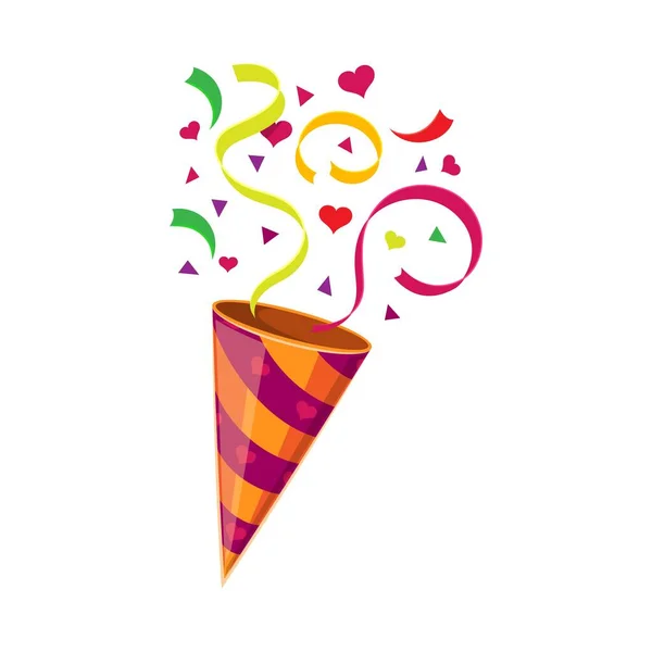 Holiday birthday party popper striped cone, firecracker with confetti, stars and ribbon. Isolated vector shooter adding a burst of fun to celebrations spreading cheer with a kaleidoscope of colors