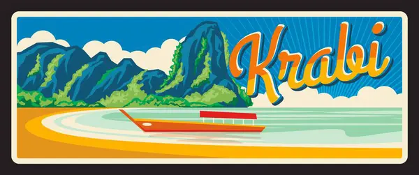 Krabi Thailand Provinces Vintage Travel Plate Banner Vector Tourist Destination — Stock Vector