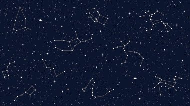 Yıldız takımyıldızlarının, kıvılcımların ve gezegenlerin vektör haritalarıyla uzay gökyüzü kusursuz deseni. Karanlık gece gökyüzü arka planı Cassiopeia, Andromeda, Delphinus, Pegasus takımyıldızları