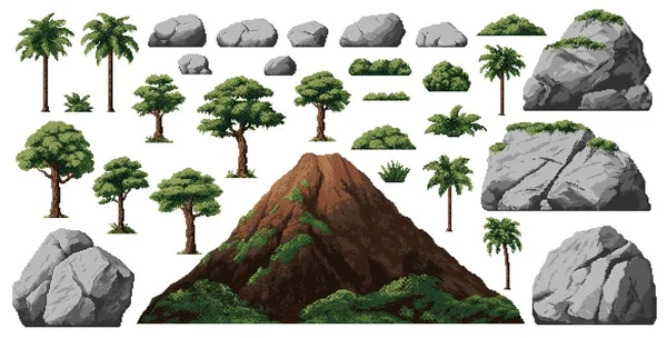 Dinosaur Era Environment Pixel Game Assets Palms Stones Volcano Mountain — Stock Vector
