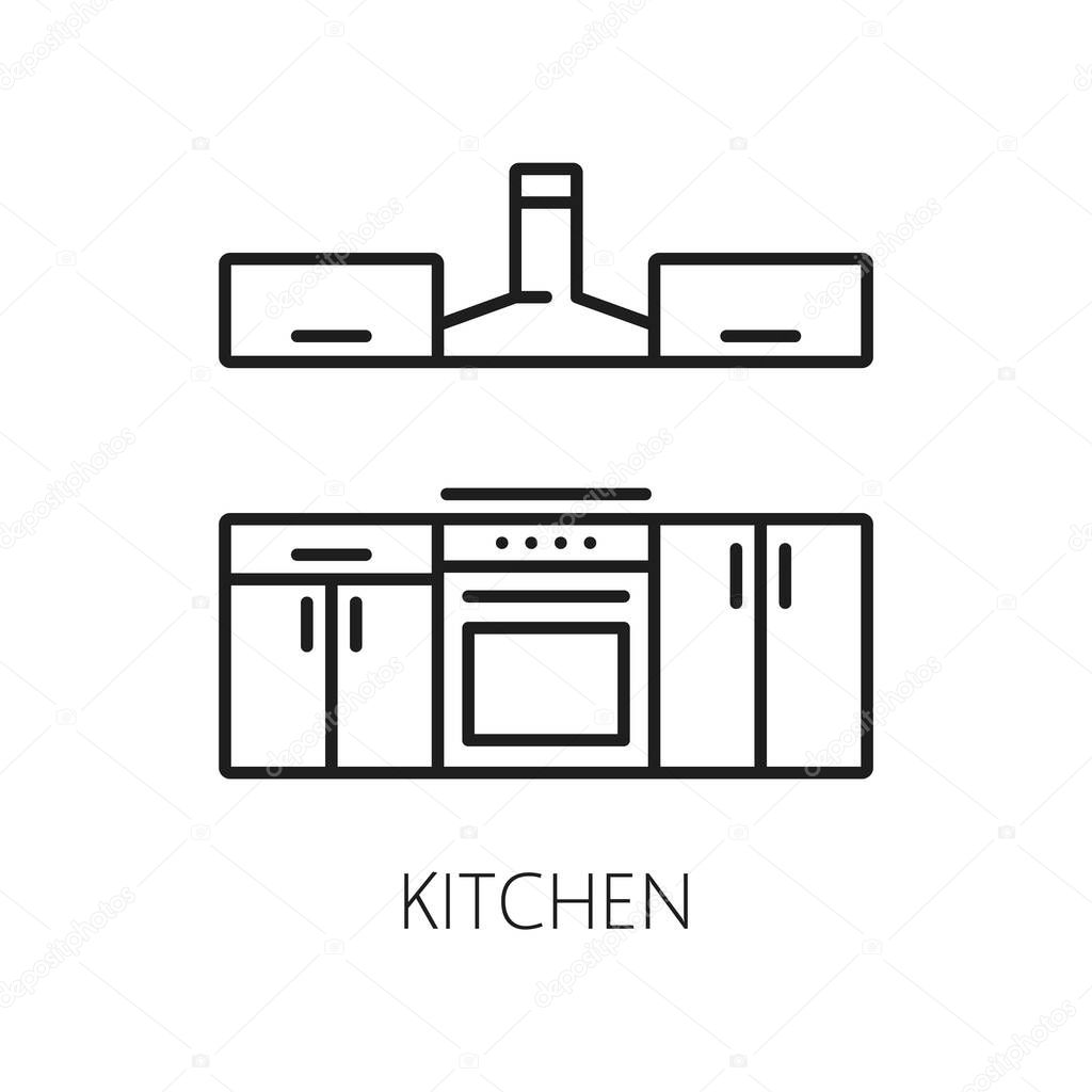 Kitchen furniture, vector hotel service line icon. Vector freezer with showcase and cooker desk. Kitchen interior line icon for web, mobile