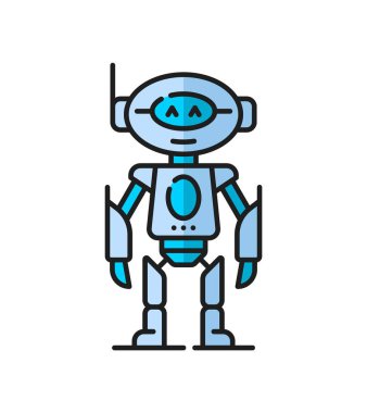 Oyun insansı robotu, fütürist droid, uzaylı retro sanal robot çizgi renk ikonu. Robotik teknoloji vintage android, Chatbot insansı droid veya endüstriyel gelecek makine, yapay zeka robot ana hatları vektör simgesi