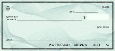 Boş banka çeki. Çek defteri şablonu. Kişisel ve mali bilgiler için boş alanlara sahip vektör belgesi, kullanıcılara Güvenli mali işlemler için kişiselleştirilmiş kontroller oluşturma olanağı sağlıyor