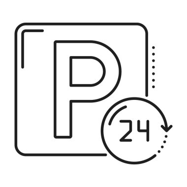 Park yeri simgesi, otopark ya da garajın 24 saatlik otomatik servisi, vektör doğrusal işareti. Araç vale yeri için park simgesi veya akıllı otomatik servis uygulaması için halka açık otopark alanı sembolü