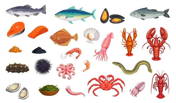 Kreskówkowe Owoce Morza Ryby Wektorowe Jedzenie Krewetki Homary Kraby Ostrygi — Wektor stockowy