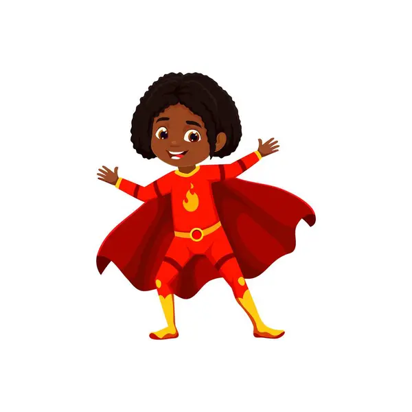 スーパーヒーローキャラクター 孤立したベクターブラックガールスーパーヒーローは 炎のエンブレムで活気に満ちた赤い衣装で寄付され 挑戦を征服し 彼女の激しいスーパーパワーと笑顔で喜びを広げる準備ができています — ストックベクタ