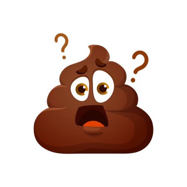 Cartoon poop emoji wondering with question signs, funny poo excrement, vector character. Toilet shit emoticon or smile with surprised, bewildered and scared face expression for comic poop emoji