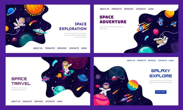 Space Galaxy Landing Pages Cartoon Space Planets Kid Astronauts Aliens — Stock Vector