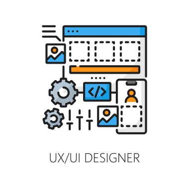 Ui ve ux tasarımcı, web geliştirme renk çizgisi simgesi. Modern, minimalist ve görsel olarak çekici kullanıcı deneyimi arayüzünü gösteren izole edilmiş vektör doğrusal işareti