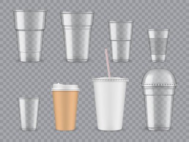 Şeffaf plastik ve kağıt bardaklar. Kahve, meyve suyu ve çay servisi yapan içecek kutuları. Sıcak içecekler ya da soğuk içecek için tek kullanımlık kupalar sürekli tüketim için elverişlidir.