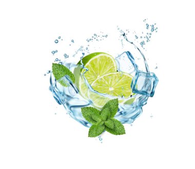 Limonlu mojito yarı meyveli şeffaf su sıçratır buz küpleri ve nane yaprakları, gerçekçi vektör. Mojito ya da narenciye ve limonlu naneli soda. Su sıçratır ya da dökülür.